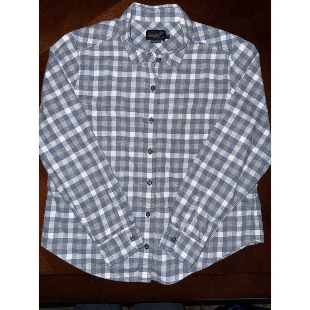 Pendleton Women Cotton‎ Lightweight Flannel Shirt Size Petite Large Blue Plaid - Picture 2 of 9
